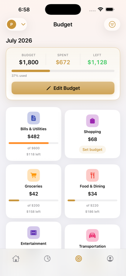 Budget screen